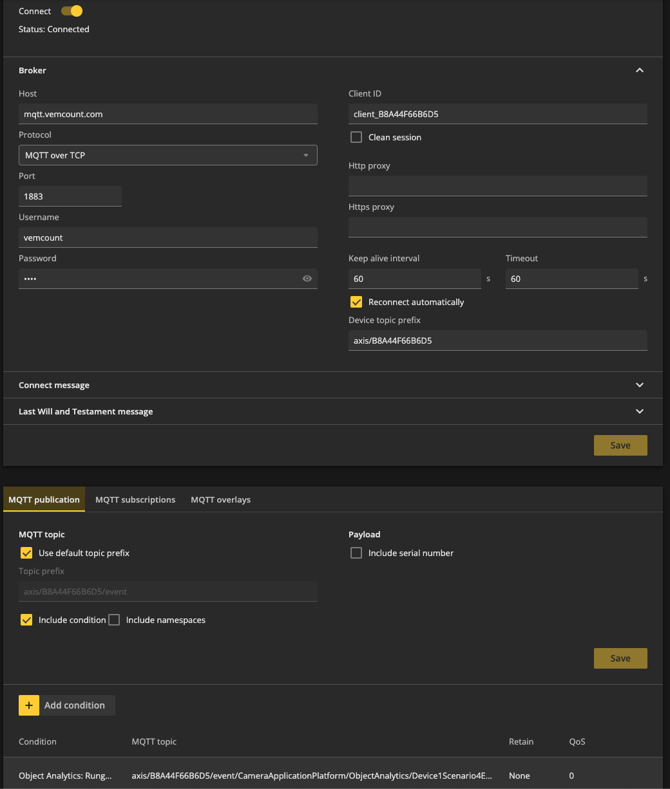 AXIS camera MQTT settings